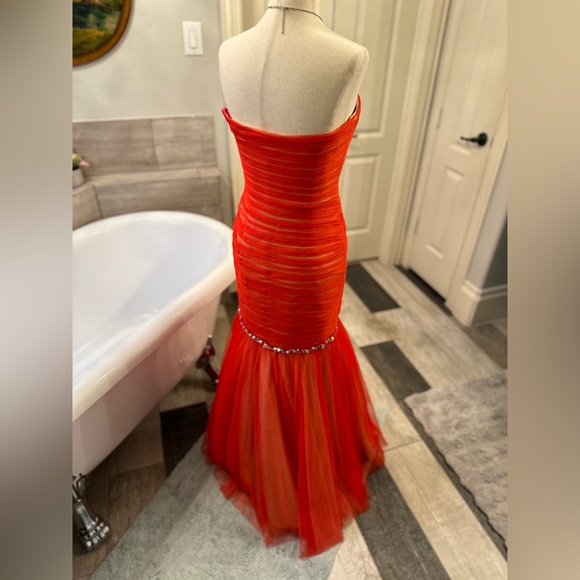 Like New La Femme Orange Sexy Red Strapless Rhinestone Gauze Chic Dress 2 - Picture 8 of 16